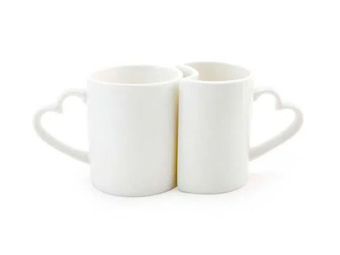 Caneca Cerâmica Alça Coração Branca em Par