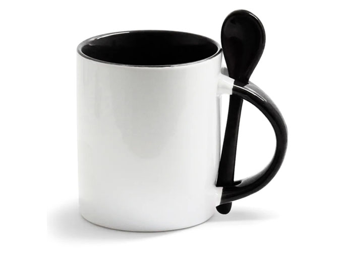 Caneca Cerâmica com Colher Reta Preto