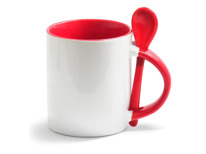 Caneca Cerâmica com Colher Reta Vermelho