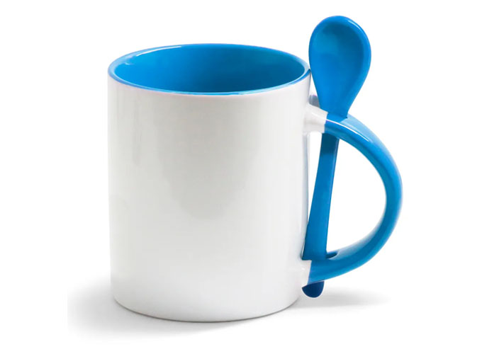 Caneca Cerâmica com Colher Reta Azul Claro