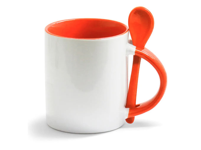 Caneca Cerâmica com Colher Reta Laranja