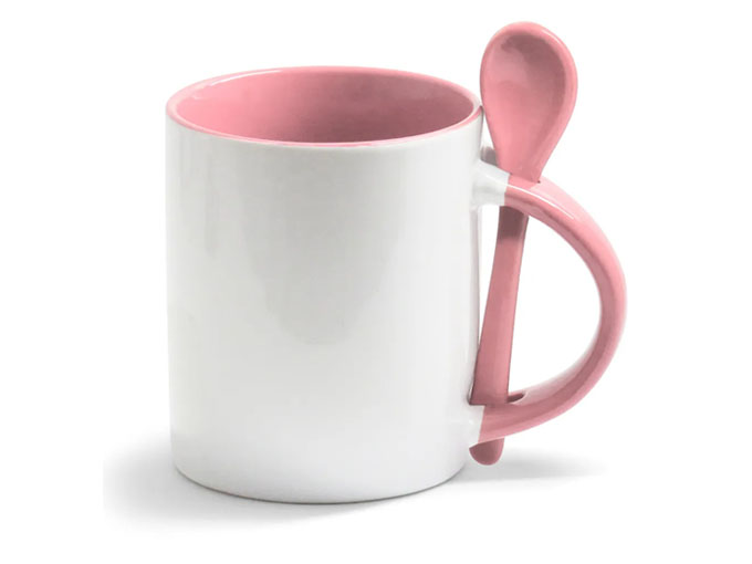Caneca Cerâmica com Colher Reta Rosa