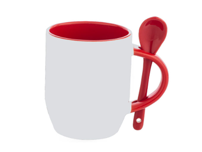 Caneca Cerâmica com Colher Oval Vermelho