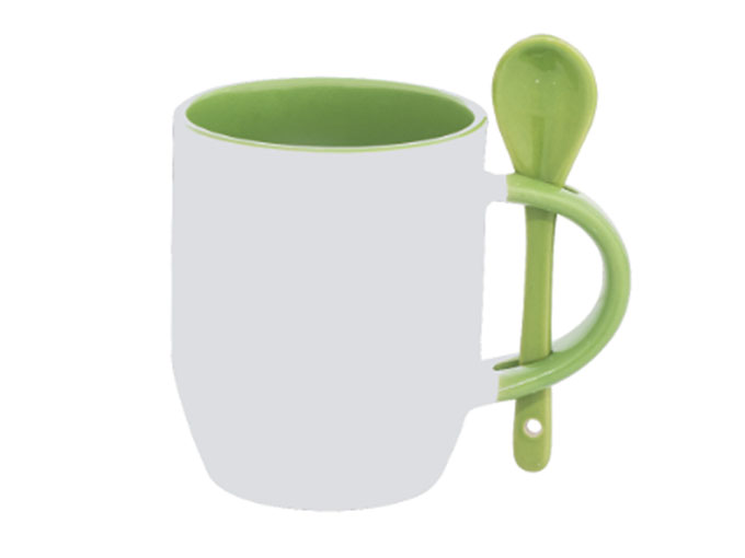 Caneca Cerâmica com Colher Oval Verde Claro