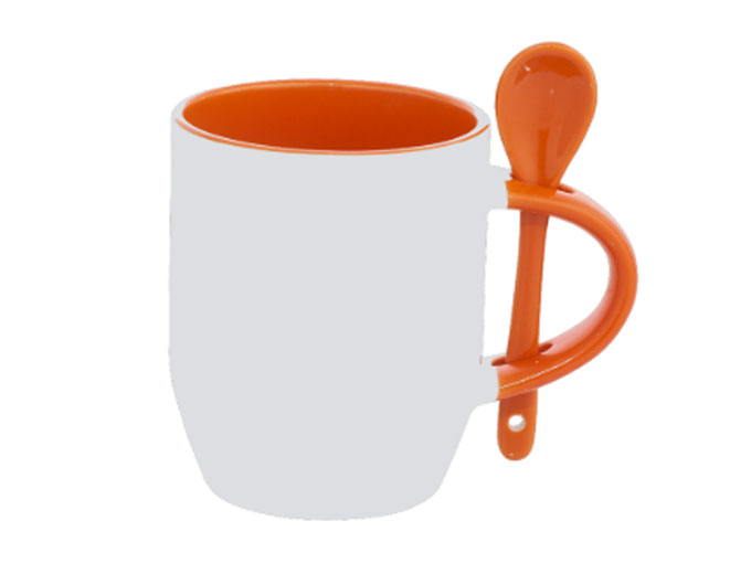 Caneca Cerâmica com Colher Oval Laranja