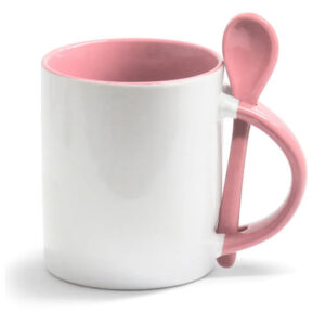Caneca Cerâmica com Colher Reta Rosa