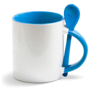 Caneca Cerâmica com Colher Reta Azul Claro